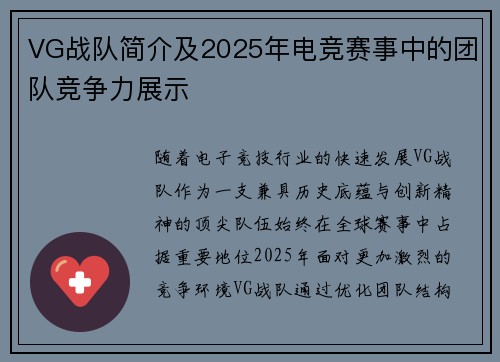 VG战队简介及2025年电竞赛事中的团队竞争力展示